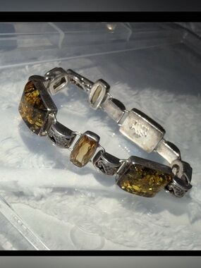 Vtg Lori Bonn Sterling silver Amber Citrine Panel Link Toggle Bracelet 925 8”